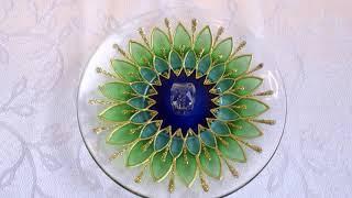 Incensário Mandala Margarida Verde E Azul em vidro Redondo