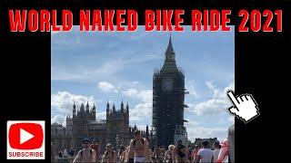 World Naked Bike Ride 2021 in London  on Westminster Bridge near Big Ben and London Eye