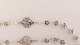 ROSARY. OUR LADY OF FATIMA OXIDIZED SILVER METAL ROSE BUD ROSARY.  HAND CRAFTED IN PORTUGAL