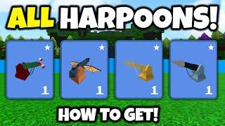 ALL HARPOON ITEMS how to get  Build a boat for Treasure ROBLOX