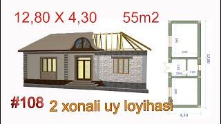 zamonaviy kam harajatli12.80x4.30 2xonali uy loyihasi