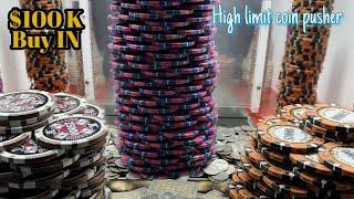 1 Quarter Challenge HIGH LIMIT COIN PUSHER $100000 Buy In massive poker chip tower and Profit