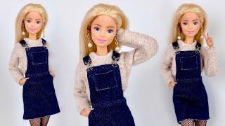 DIY Barbie Doll Outfit Overall Dress & Cropped Sweater How To Make Trendy Realistic Barbie Clothes