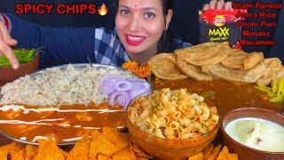 Eating Spicy Shahi Paneer Jeera Rice Chole Masala Puri Soupy Macaroni Spicy Chips  Food Show