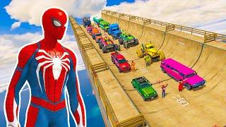 GTA 5 crazy ragdolls ramp suv vs monster car truck and bus challenge for spider man and superheros