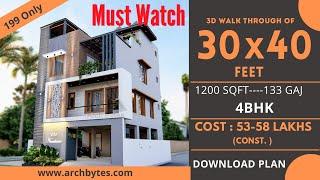 30x40 Feet Modern House Design 3D 4 Bedrooms 4 Bathrooms 3 Floors Terrace Garden - 1200 Sqft