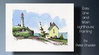 Easy and Fun Line and Wash Watercolor Lighthouse Ocean Scene. Great for Beginners. Peter Sheeler