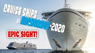 Cruise ships laid-up at anchorage waiting out 2020 pandemic.