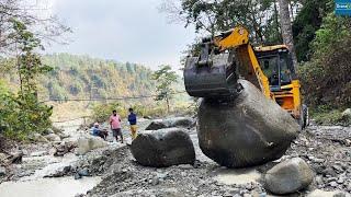 Excavating Mountain River Rocks for Riverside Road Protection-JCB Backhoe