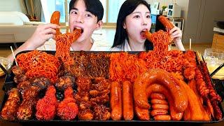 ASMR MUKBANG Fire spicy Black bean Mushrooms Fire Noodles Seasoned Chicken Kielbasa Sausage.