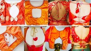 Pattu Orange Blouse DesignsLatest Orange Colour Blouse Back Neck Ideas