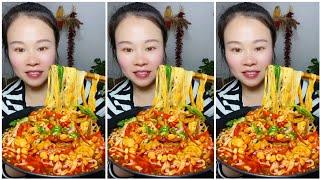 Delicious Chinese Food Eating Spicy Noodle Soups Mukbang Fried Pork With Chili And Vegetables