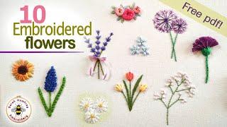 TEN hand embroidered flowers tutorial easy to stitch free design pdf