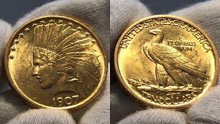 ЗОЛОТЫЕ 10 долларов 1907 США «Индеец» Реальная цена разновидности.