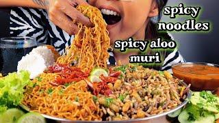 EATING SPICY NOODLES WITH SPICY SOUP AND SPICY ALOO JHAL MURI MUKBANG  SPICY FOOD CHALLENGE VIDEO