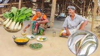 FISH CURRY wirh RADISH and Shak vaji cooking & eating by our santali tribe grandmaa