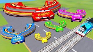 FAT CAR vs LONG CARS with Big & Small Lightning Mcqueen Slingshot vs Trains Thomas - BeamNG.Drive