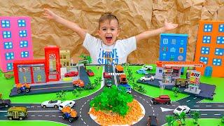 Vlad ve Niki oyuncak Arabalarla oynuyor ve Matchbox Cityi inşa ediyor