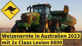 Weizenernte auf Gunwarrie  2x Claas Lexion 8800 mit MacDon D 140  John Deere 8RX370  Australien