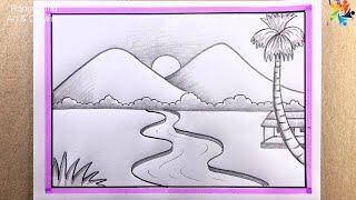 River Inside Village Scenery Drawing #pencildrawing #easydrawing