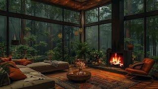 Cozy Luxury Living Room In Forest with Fireplace and Rain Sound  Healing Insomnia Reduce Stress