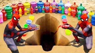 Spiderman & Big Toothpaste Eruption from Bell hole Fanta Mirinda 7up Orbeez Coca Cola & Mentos