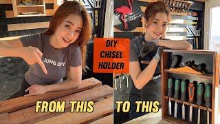 A young girl makes a chisel holder from pallet wood  DIY My Dream Workshop  Part 7