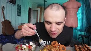 МУКБАНГ ТЯХАН С КРЕВЕТКАМИ  ГРЕЧЕСКИЙ САЛАТ ИСПАНСКИЙ ЧУРРОС НА ДЕСЕРТ  EATING MUKBANG ASMR АСМР