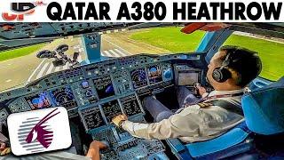 Qatar Airways Airbus A380 Cockpit Landing at London Heathrow