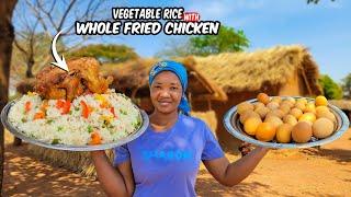 #cooking  And Eating In An African Village Delicious Fried Vegetables Rice With Whole Fried Chicken