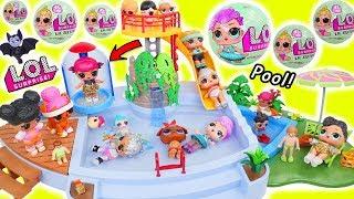 LOL Surprise Dolls + Lil Sisters at Play at Pool Slide with Pets