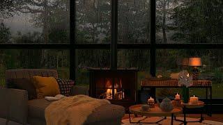 Cozy room ambience ASMR Rain on window sounds with crackling fire for sleep study relaxation.