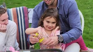 Rose gets playdough on her 4th Birthday.  Lucy on swing-set