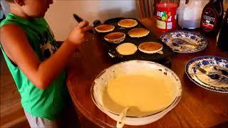 8 year old Rylan makes pancakes at Grandmas.