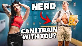 NERD SHOCKS GIRLS in gym PRANK..  Elite Gymnast Pretended to be a NERD