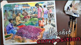 Market watercolor composition  vegetable market  Art Biin