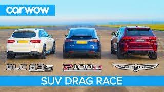 Jeep Trackhawk vs Tesla Model X vs AMG GLC 63 - DRAG RACE ROLLING RACE & BRAKE TEST