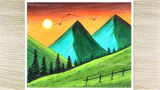 How To Draw Beautiful Sunset with oil pastel Mountain Landscape Drawing