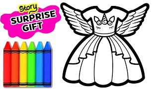 How to draw a Cute Dress for kids - Story SURPRISE GIFT - Unicorn Dress Drawing and Coloring page