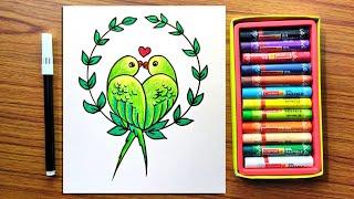 Beautiful Parrots Drawing Colour Easy  Cute Love Birds Drawing Colour  Valentines Day Drawing