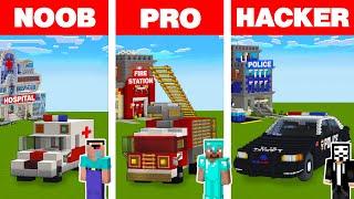 Minecraft NOOB vs PRO vs HACKER EMERGENCY VEHICLE HOUSE BUILD CHALLENGE in Minecraft Animation