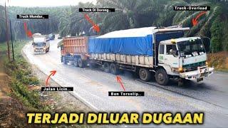 Terjadi Diluar Dugaan  Truk Trinton Muatan Berat Tergelincir Di Tanjakan Bukit Kodok