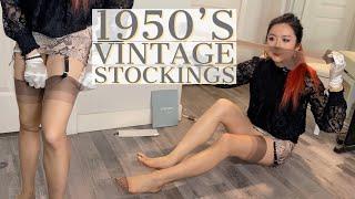  1950’s Vintage Nylons Stockings Try On Review Garter Belt Hosiery Reinforced Toes Pantyhose Feet