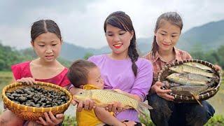 Vietnamese girl and her single mother catch fish in the field - ha thi muon