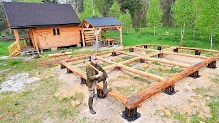 Building My New Big Log HOME in the Wilderness With My Dog  Wood Foundation - Ep. 1