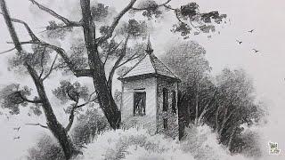 How to draw small wooden cabin in trees