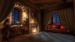 Rain Thunderstorm & Fireplace Sounds for 12 hours in this Cozy Place  Sleep Study Meditation