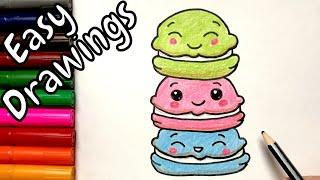 Easy Drawings  How to Draw a Cute Macaron Kawaii  Color and Draw Step by Step  Art