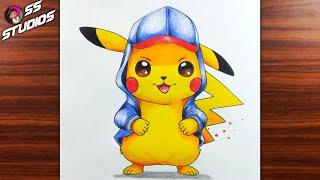 How To Draw Pikachu wearing Ash cap and a Hoodie  Pokemon - Easy Step By Step Tutorial