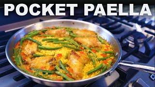 Weeknight fun size paella  streamlined Valencian-style with green beans and chicken wings